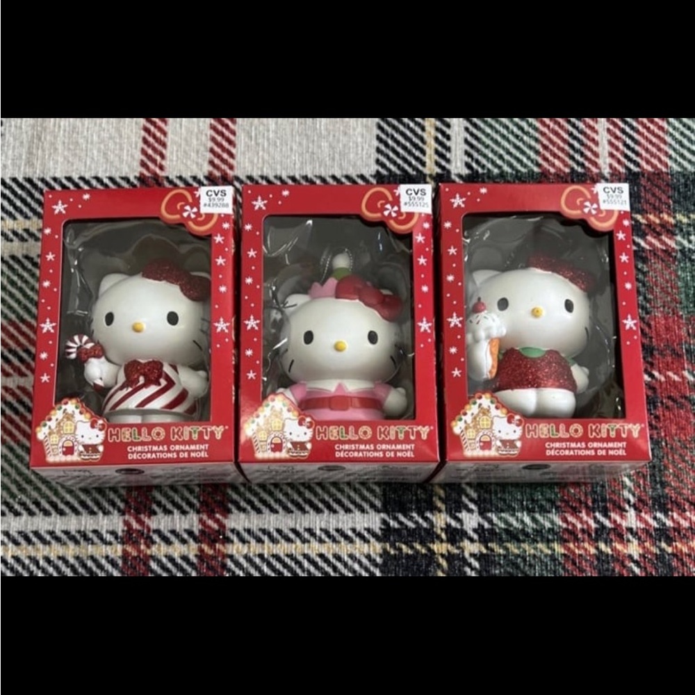 3 Hello Kitty Christmas Ornaments NIB - Red White Pink